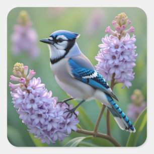 Hübsch Blue Jay Stehend auf Lilac Branchen Quadratischer Aufkleber
