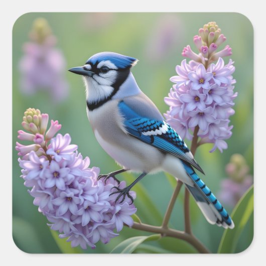 Hübsch Blue Jay Stehend auf Lilac Branchen Quadratischer Aufkleber (Vorderseite)