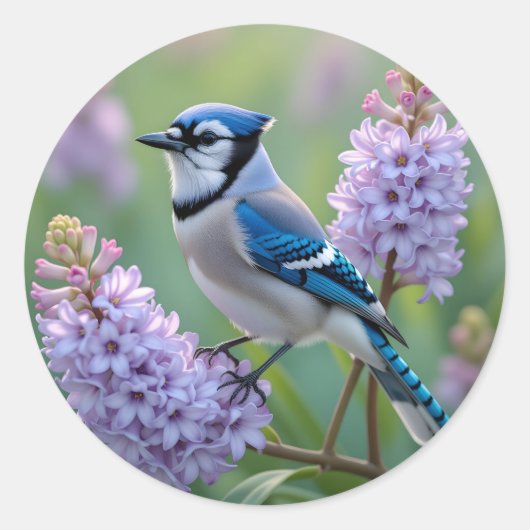 Hübsch Blue Jay Stehend auf Lilac Branchen Runder Aufkleber (Vorderseite)