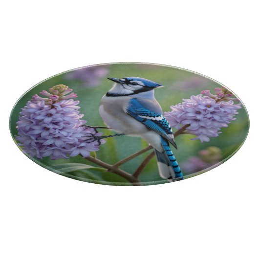 Hübsch Blue Jay Stehend auf Lilac Branchen Schneidebrett (Ecke)