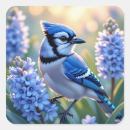 Hübsch Blue Jay und Lilacs AI Illustration Quadratischer Aufkleber