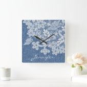 Hübsch Blue Jean Denim Lace Wall Clock Quadratische Wanduhr (Zuhause)