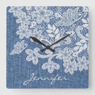 Hübsch Blue Jean Denim Lace Wall Clock Quadratische Wanduhr