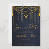 Hübsch Blue Traditional Gold Twirls Luxury Wedding Save The Date (Vorderseite)