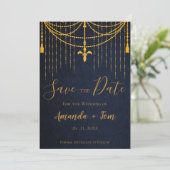 Hübsch Blue Traditional Gold Twirls Luxury Wedding Save The Date (Stehend Vorderseite)