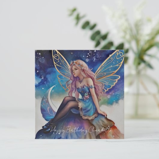 Hübsch Blue Watercolor Fairy Birthday Karte (Stehend Vorderseite)