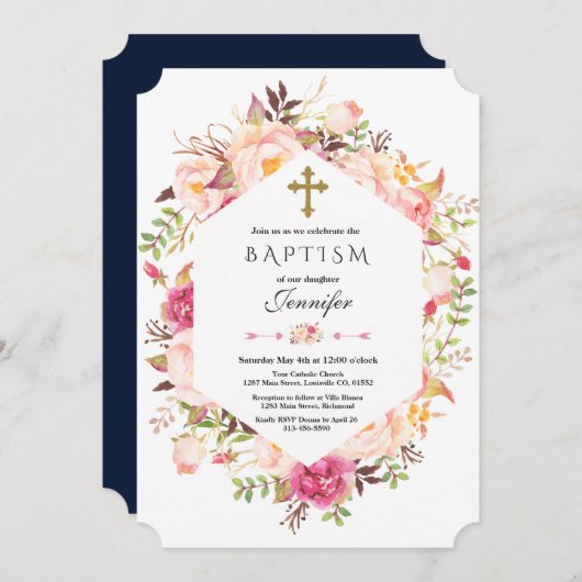 Hübsch Blush Bloral Geometric Dusty Blue Taufe Einladung (Vorne/Hinten)