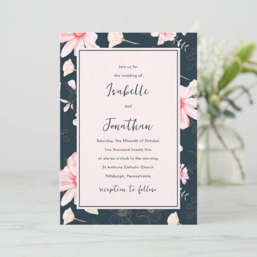 Hübsch Blush Blue Floral Muster Hochzeit Einladung (Stehend Vorderseite)