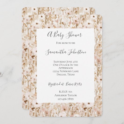Hübsch Blush Brown Floral Baby Dusche Einladung (Vorne/Hinten)