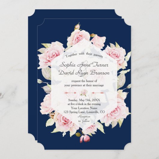 Hübsch Blush Floral Geometric Navy Blue Wedding Einladung (Vorne/Hinten)
