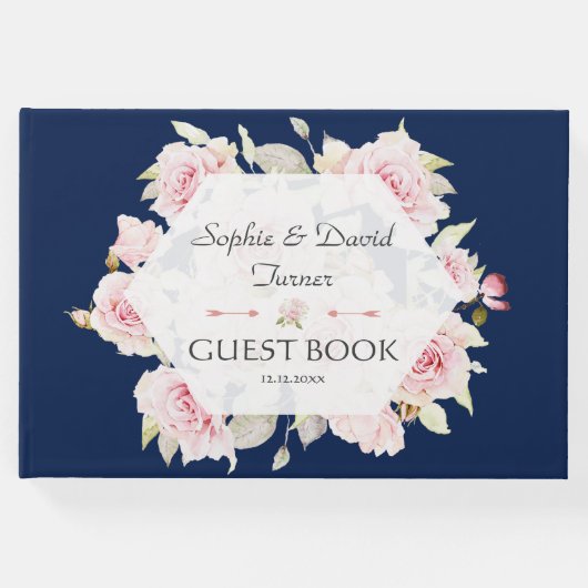 Hübsch Blush Floral Geometric Navy Blue Wedding Gästebuch (Vorderseite)