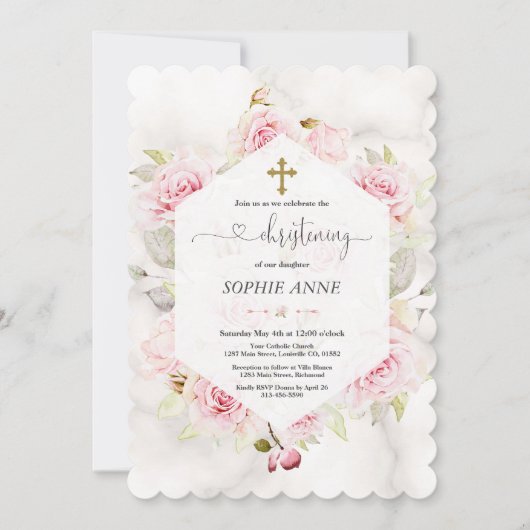 Hübsch Blush Floral Girl Christening Calligraphy Einladung (Vorderseite)