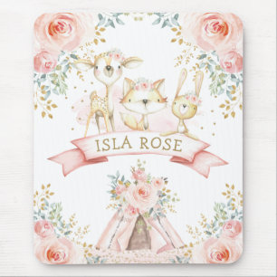 Hübsch Blush-Gold-Rose Stamm-Woodland-Tiere Mousepad