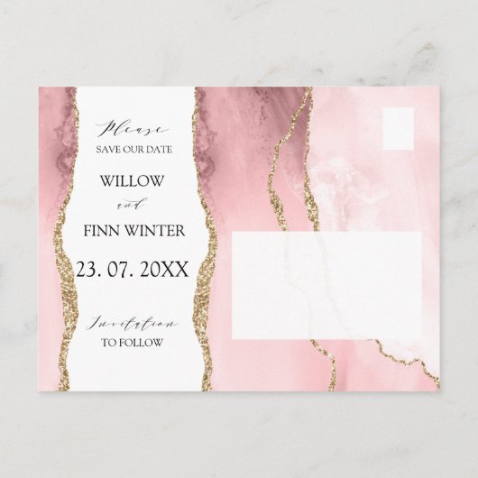 Hübsch Blush Pink Agate Modern Save the Date Ankündigungspostkarte (Rückseite)
