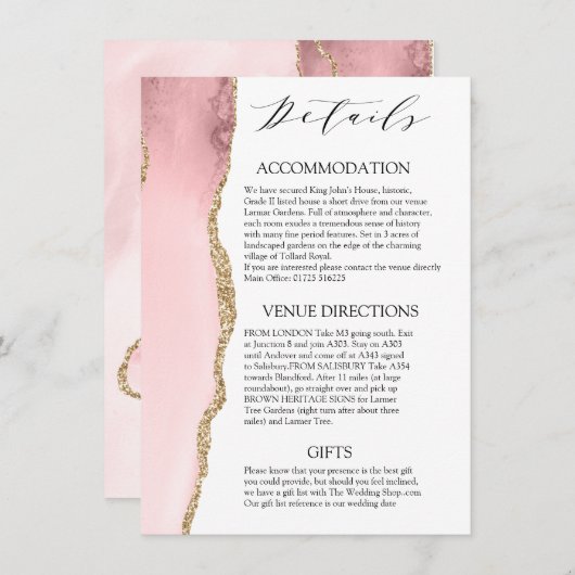 Hübsch Blush Pink Agate Moderne Hochzeitsdetails Begleitkarte (Vorne/Hinten)