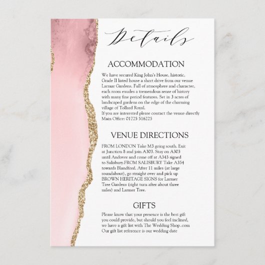 Hübsch Blush Pink Agate Moderne Hochzeitsdetails Begleitkarte (Vorderseite)