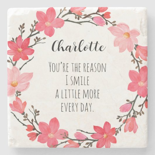 Hübsch Blush Pink Blumenschrift Typografie Name Steinuntersetzer (Vorderseite)