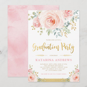 Hübsch Blush Pink Gold Floral Graduation Party Einladung