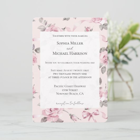 Hübsch Blush Pink Roses Bläschen & Bows Hochzeit Einladung (Stehend Vorderseite)