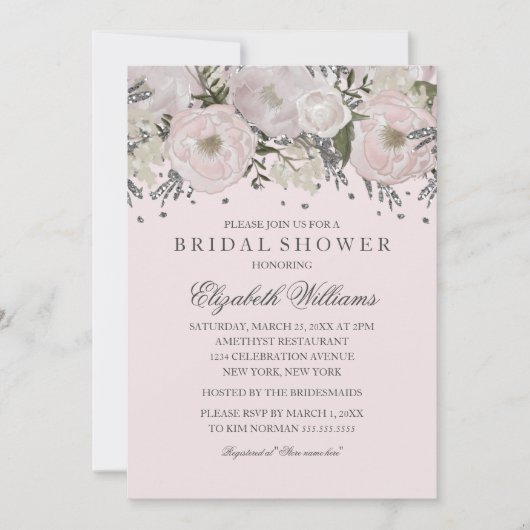 Hübsch Blush Pink Silver Blume Brautparty Einladung (Vorderseite)