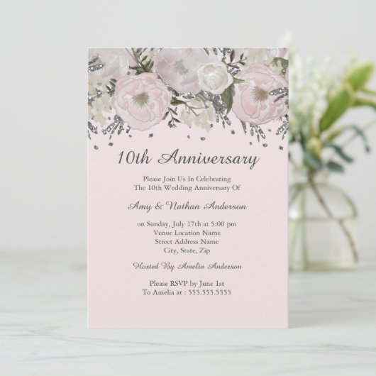 Hübsch Blush Pink Silver Floral 10 Jahre Jubiläum Einladung (Stehend Vorderseite)