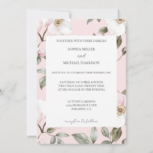 Hübsch Blush Pink Weiße Blume Hochzeit Einladung (Vorderseite)