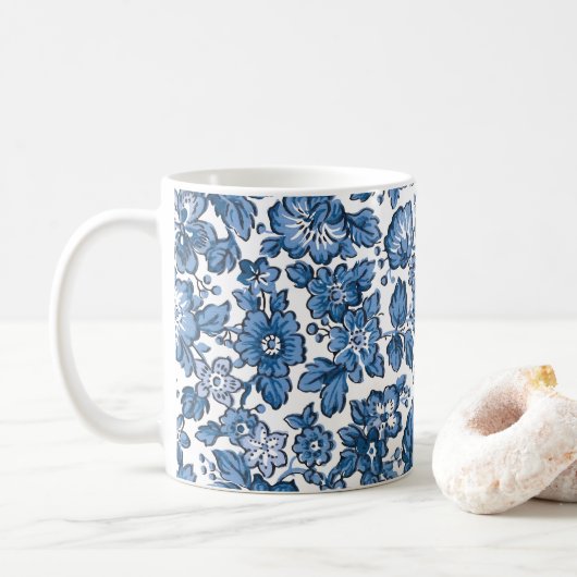 Hübsch Boho Blau und Weiße Blüten Kaffeetasse (Mit Donut)