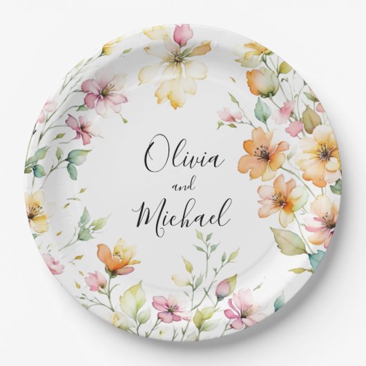 Hübsch Boho Orange Pink Aquarell Wildblumen Pappteller (Vorderseite)