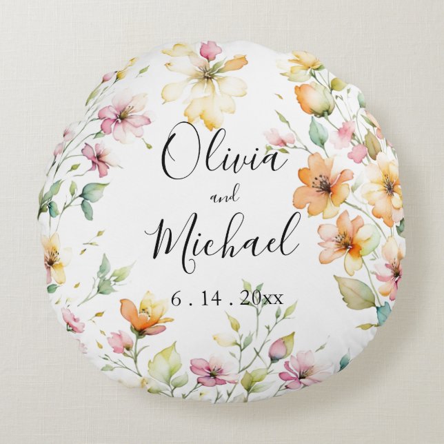 Hübsch Boho Orange Pink Aquarell Wildblumen Rundes Kissen (Vorderseite)