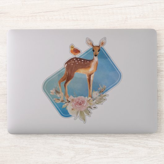 Hübsch Brown Fawn with Bird and Rose Aufkleber (Computer)