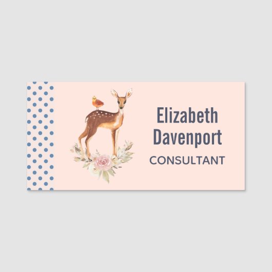 Hübsch Brown Fawn with Bird and Rose Namensschild (Vorderseite)