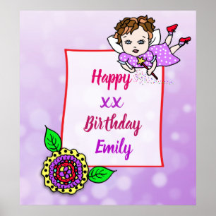Hübsch Brown Hair Fairy Girl Happy Birthday Poster