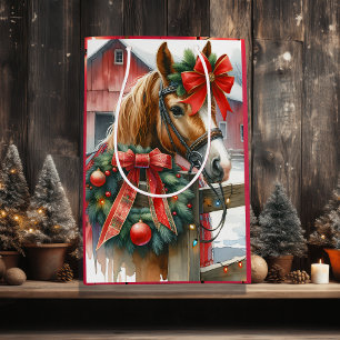 Hübsch Brown Horse in Red Bow Weihnachten Mittlere Geschenktüte