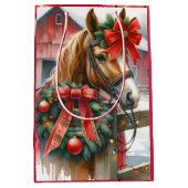 Hübsch Brown Horse in Red Bow Weihnachten Mittlere Geschenktüte (Vorderseite)