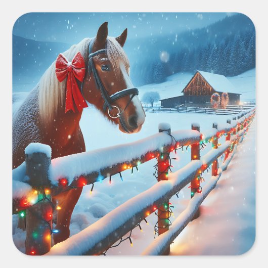 Hübsch Brown Horse mit Bow Weihnachten Quadratischer Aufkleber (Vorderseite)