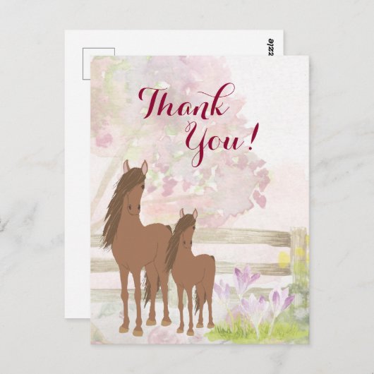 Hübsch Brown Mare, Foal, Blume Pferd Danke Postkarte (Vorne/Hinten)