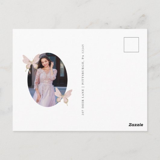Hübsch Butterfly Blush Foto Quinceanera Vielen Dan Postkarte (Rückseite)