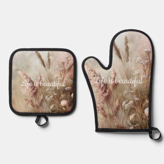 Hübsch Chic Beige Blush Boho Floral Ofenhandschuh & Topflappen-Set (Vorderseite)