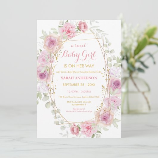 Hübsch Chic Gold Glitzer Pink Floral Baby Girl Inv Einladung (Stehend Vorderseite)
