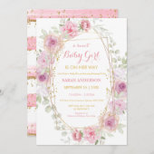 Hübsch Chic Gold Glitzer Pink Floral Baby Girl Inv Einladung (Vorne/Hinten)