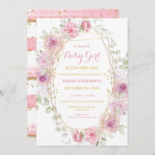 Hübsch Chic Gold Glitzer Pink Floral Baby Girl Inv Einladung (Vorne/Hinten)