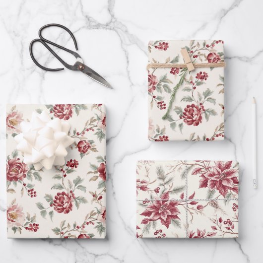 Hübsch Chic Rote Creme Blumen Geburtstag Geschenkpapier Set (Vorderseite)