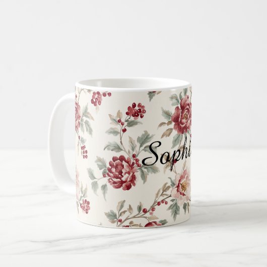 Hübsch Chic Rote Creme Blumen   Kaffeetasse (Vorderseite Links)