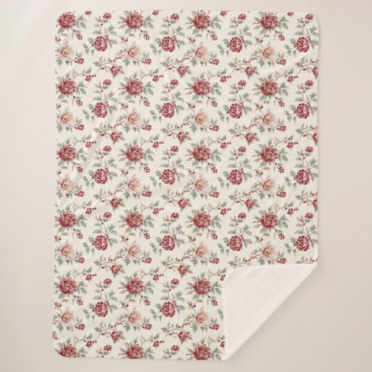 Hübsch Chic Rote Creme Blumen Sherpadecke (Vorderseite)