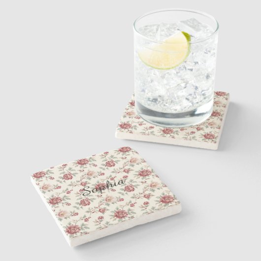 Hübsch Chic Rote Creme Blumen   Steinuntersetzer (Seitenansicht)