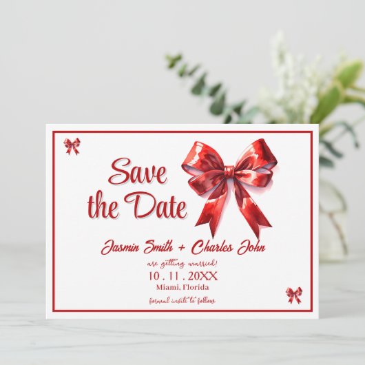 Hübsch Coquette Red Bow Wedding Einladung (Stehend Vorderseite)