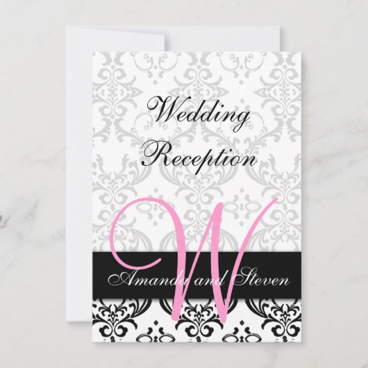 Hübsch Damask Pink Monogram Hochzeitsempfehlung Einladung (Vorderseite)