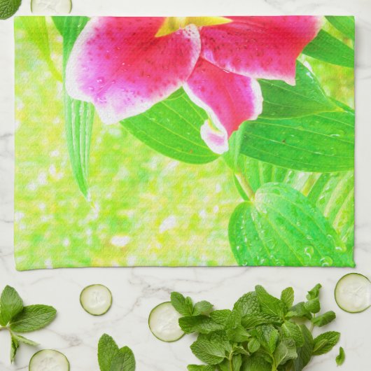 Hübsch Deep Pink Stargazer Liuon on Lime Green Geschirrtuch (Gefaltet)