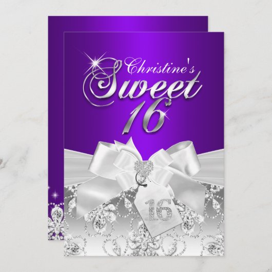 Hübsch Diamond Bow Lila Sweet 16 Einladung (Vorne/Hinten)