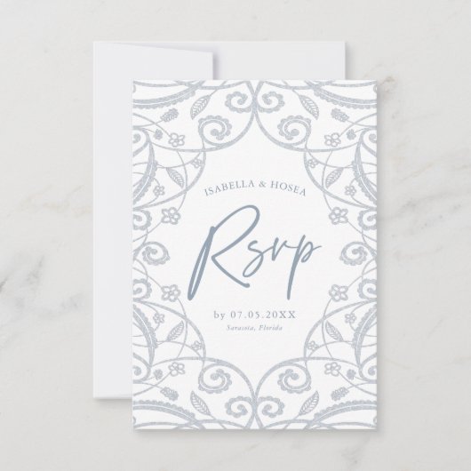Hübsch Dusty Blue Silver Glitzer Lace Wedding RSVP (Vorderseite)